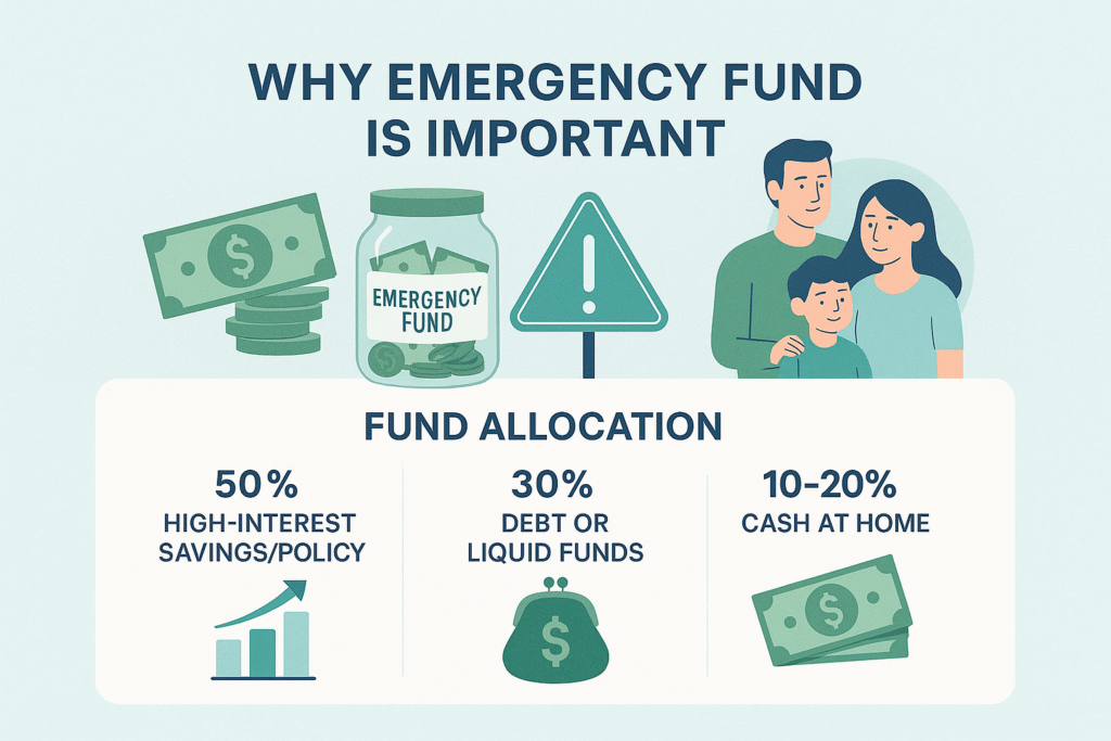 Infographic explaining the importance of an emergency fund with visual breakdown: 6 months of expenses for singles, 12 months for married individuals, and 24 months for business owners, including suggested allocation—50% in high-interest savings or policy, 30% in debt/liquid funds, and 10–20% cash at home